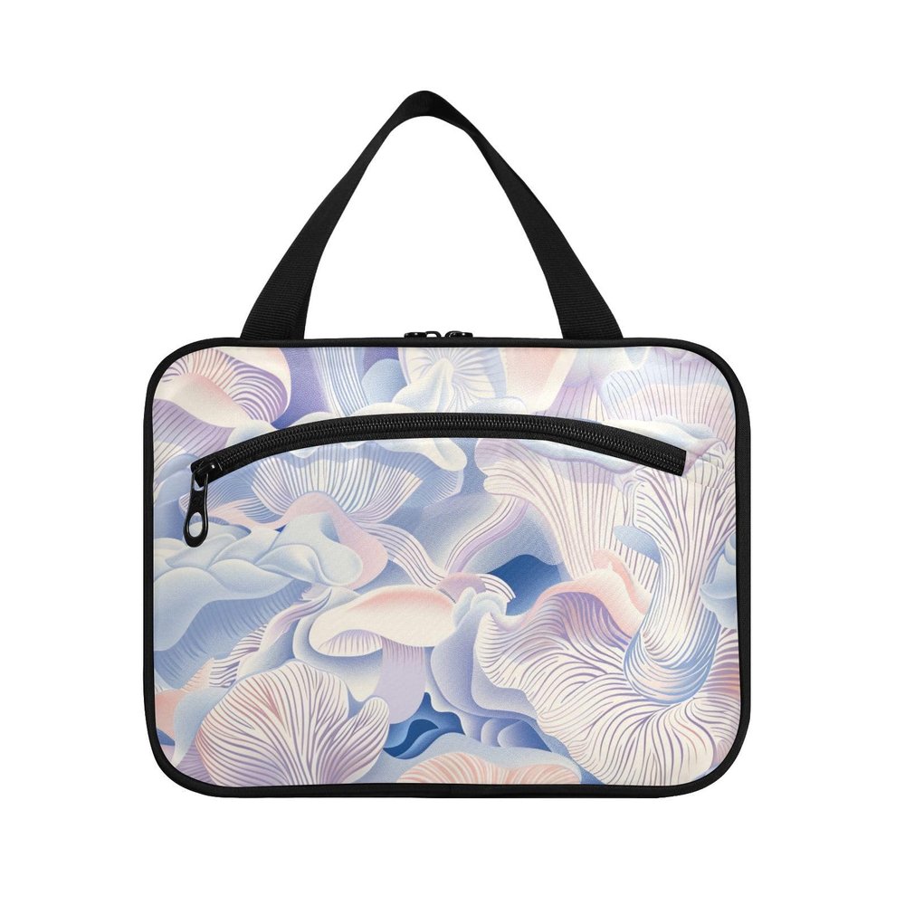Abstract Mushrooms Digital Illustration Blue Pink White hanging bags for traveling women with hook, designer unisex toiletry bag hanging for travel must haves toilet cartera para maquillaje M