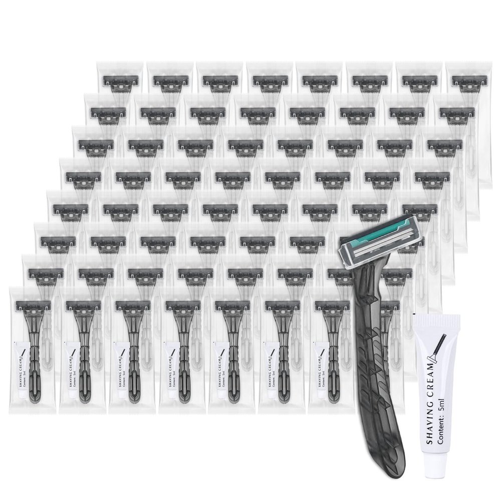 Lilingsty Disposable Razors Bulk, Gray Razors Individually Wrapped Bulk, With Shaving Cream For Hotels, Shelters, Homeless, Nursing Homes, Charities, Churches (60-PACK)