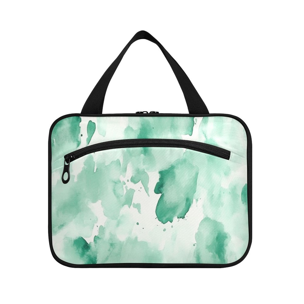 Abstract Watercolor Mint Green Cream White hanging travel size toiletries kit with hook, designer compact toiletry kit for travel essentials traveling estuche para maquillaje M