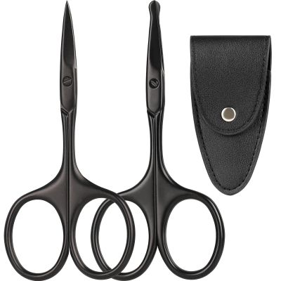 Eyebrow & Rounded Tips Nose Hair Scissors with Carrying Pouch for Men Women,Stainless Steel Small Scissors for Grooming Brow, Beard, Mustache, Eyelashes, Ear Hair,Hair Cutting (Black)