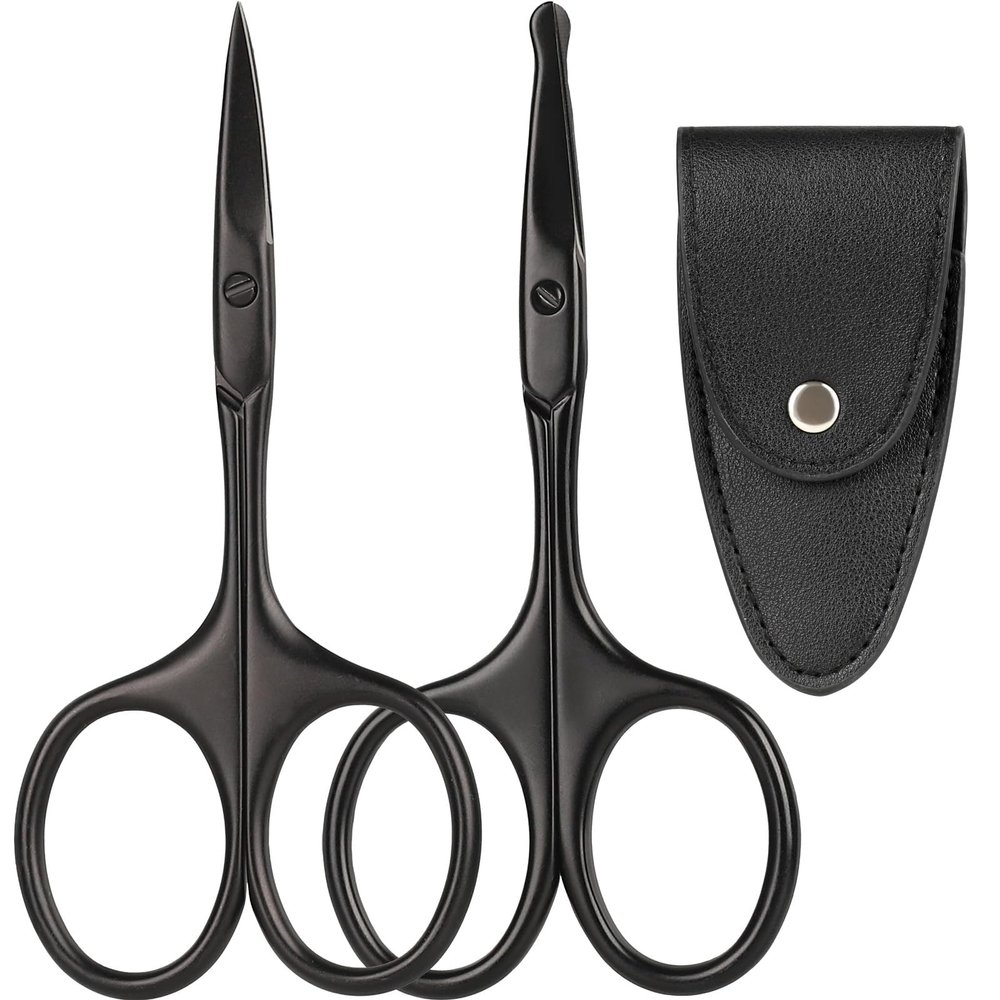 Eyebrow & Rounded Tips Nose Hair Scissors with Carrying Pouch for Men Women,Stainless Steel Small Scissors for Grooming Brow, Beard, Mustache, Eyelashes, Ear Hair,Hair Cutting (Black)