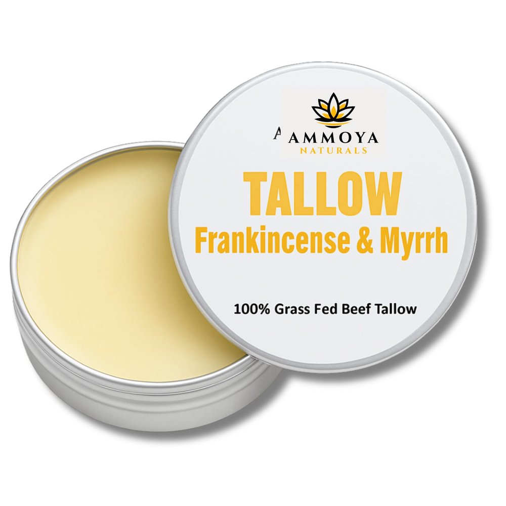 Ammoya Naturals Grass-Fed Tallow Balm with Frankincense & Myrrh  Gentle Natural Moisturizer for Face & Body, 2 oz