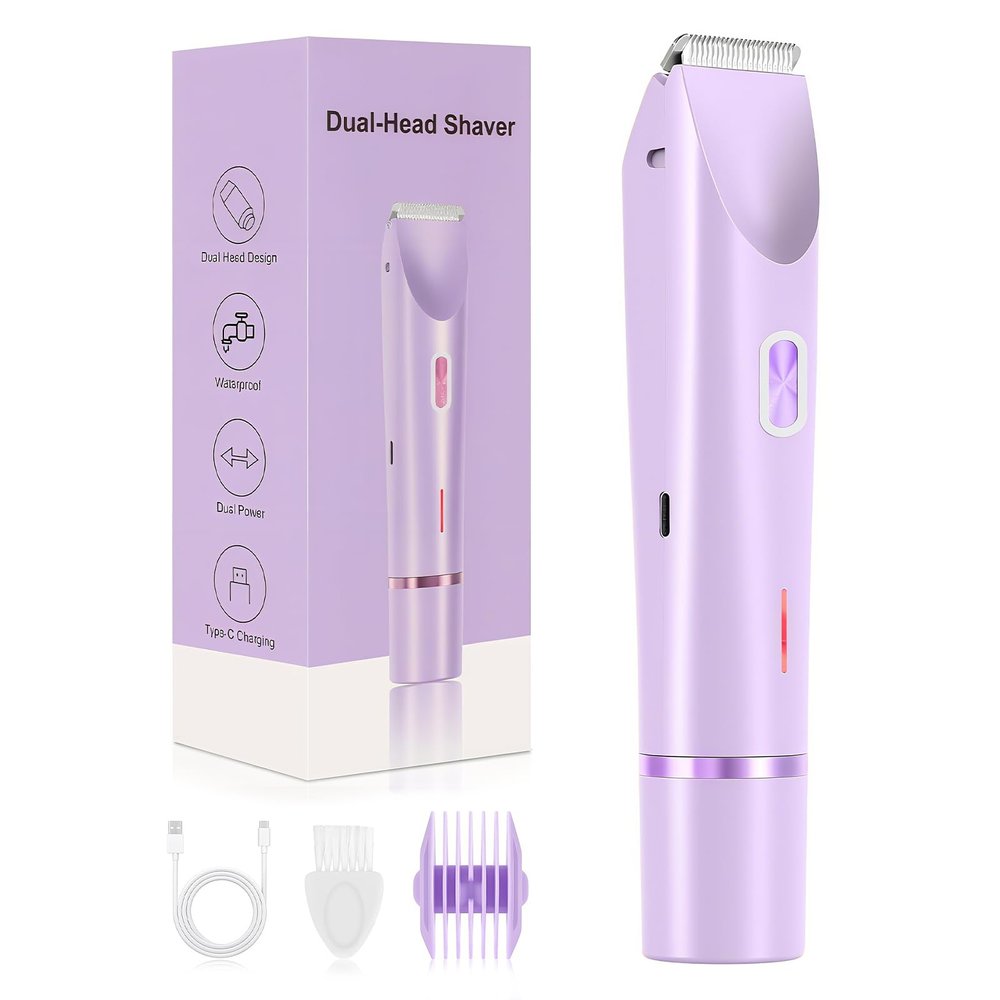 Bikini Trimmer for Women, 2-in-1 Painless Electric Razor with Ceramic Blade, Cordless for Sensitive Skin, Waterproof Dual Head Shaver Women for Facial and Body (Purple)