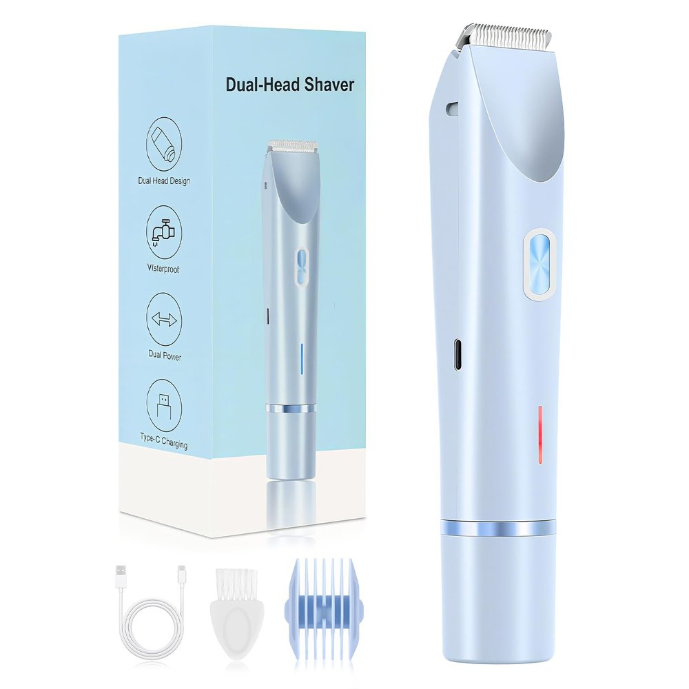 Bikini Trimmer for Women, 2-in-1 Painless Electric Razor with Ceramic Blade, Cordless for Sensitive Skin, Waterproof Dual Head Shaver Women for Facial and Body (Blue)