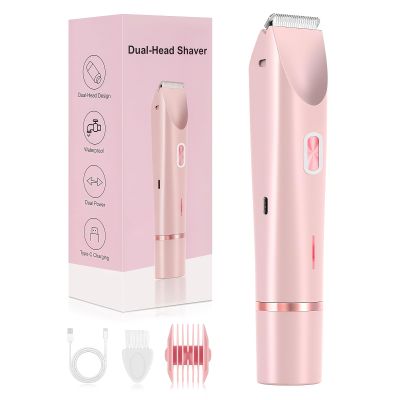 Bikini Trimmer for Women, 2-in-1 Painless Electric Razor with Ceramic Blade, Cordless for Sensitive Skin, Waterproof Dual Head Shaver Women for Facial and Body (Pink)