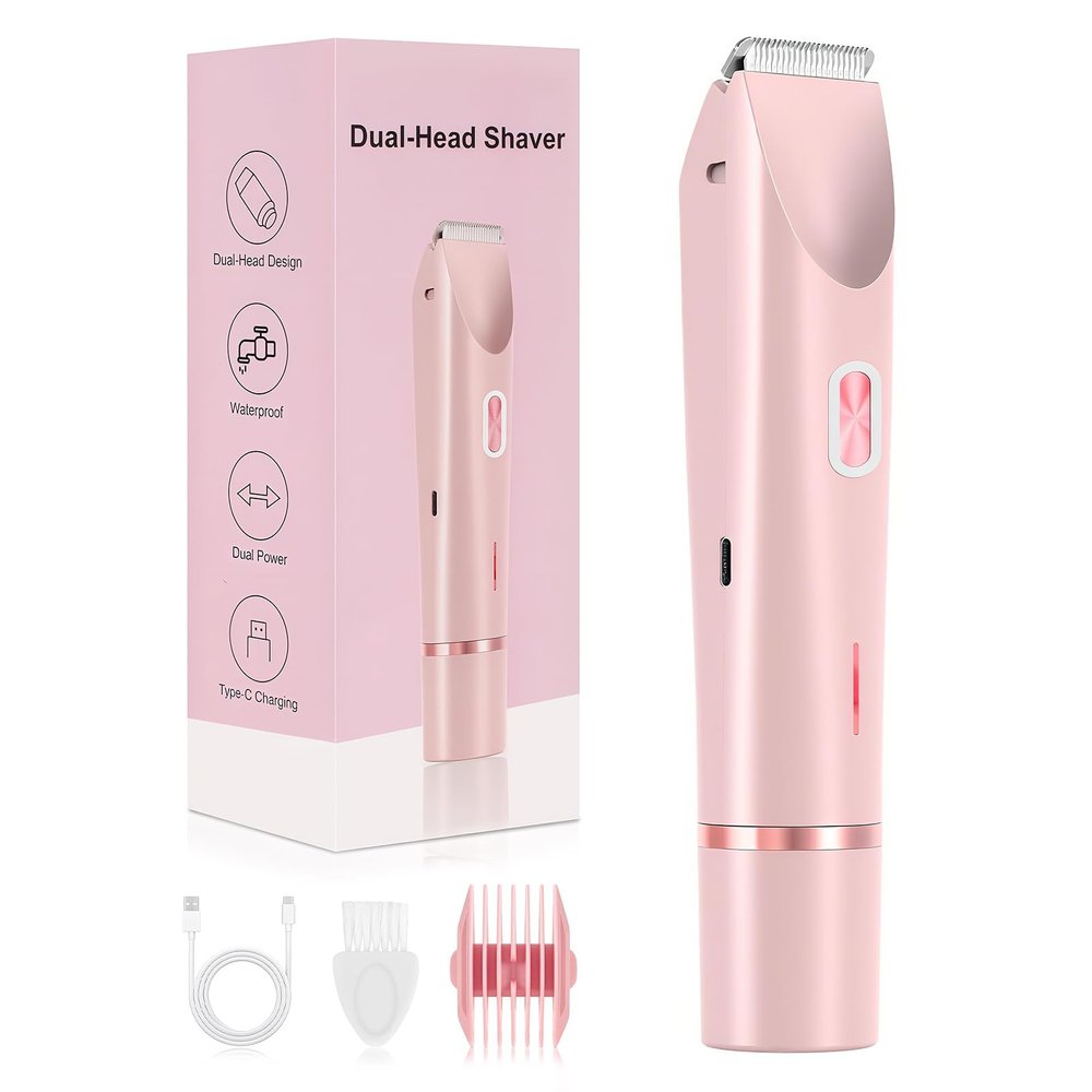 Bikini Trimmer for Women, 2-in-1 Painless Electric Razor with Ceramic Blade, Cordless for Sensitive Skin, Waterproof Dual Head Shaver Women for Facial and Body (Pink)