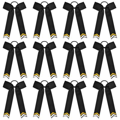DEEKA 12PCS Collegiate Style Cheer Bows with Glitter Chevrons Tail Skinny College Cheerleader Ponytail Holder for Volleyball Softball Girls (Black/Gold/White)
