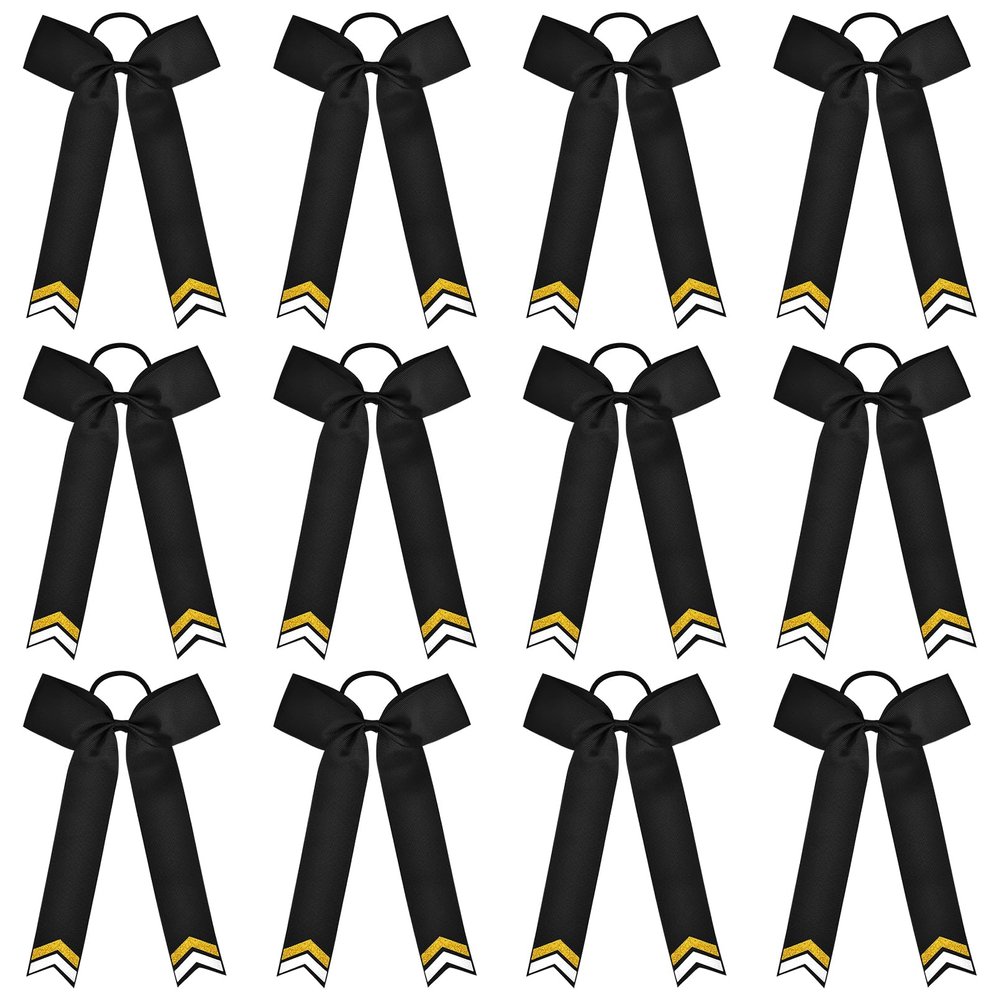 DEEKA 12PCS Collegiate Style Cheer Bows with Glitter Chevrons Tail Skinny College Cheerleader Ponytail Holder for Volleyball Softball Girls (Black/Gold/White)