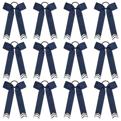 DEEKA 12PCS Collegiate Style Cheer Bows with Glitter Chevrons Tail Skinny College Cheerleader Ponytail Holder for Volleyball Softball Girls (Navy Blue/Silver/White)