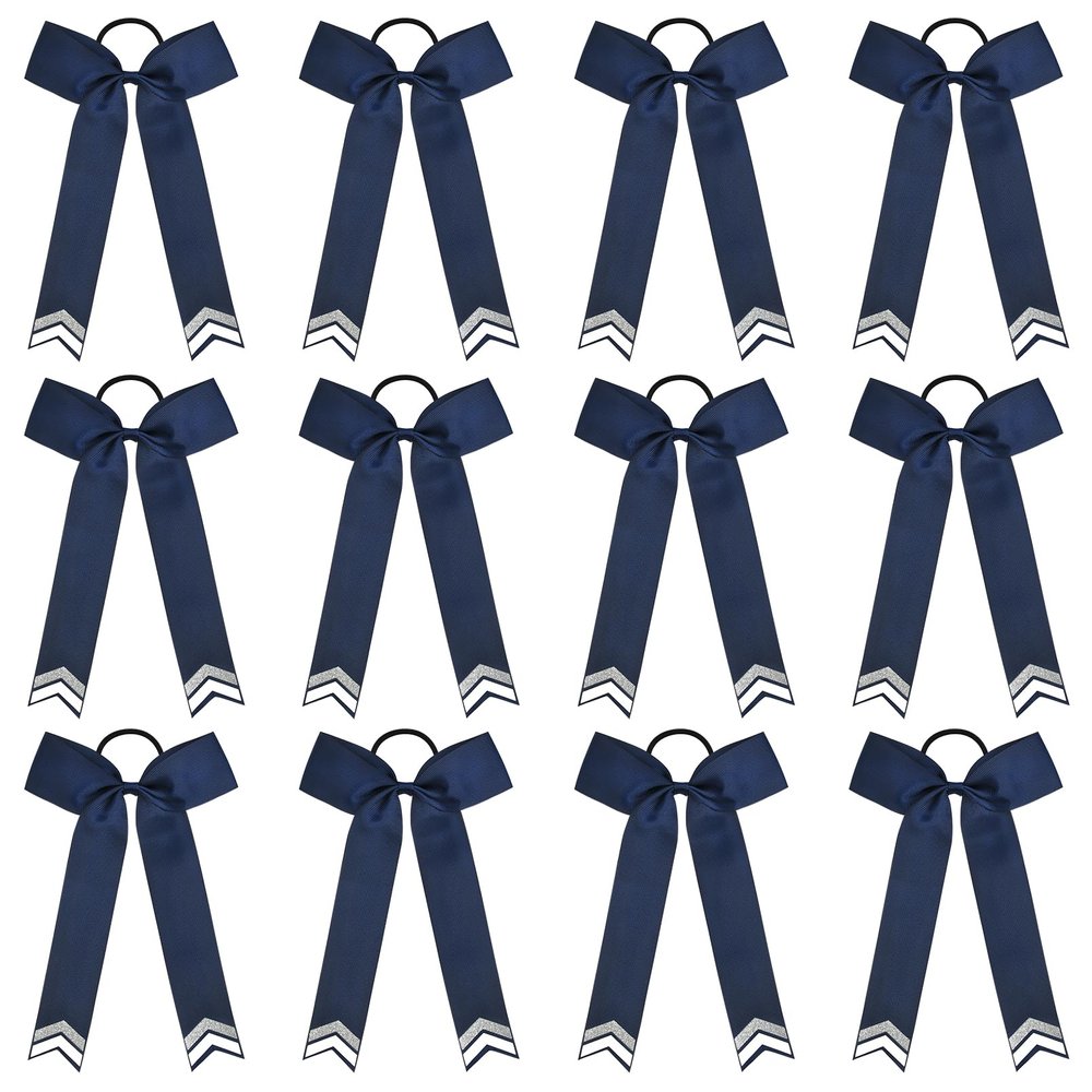 DEEKA 12PCS Collegiate Style Cheer Bows with Glitter Chevrons Tail Skinny College Cheerleader Ponytail Holder for Volleyball Softball Girls (Navy Blue/Silver/White)