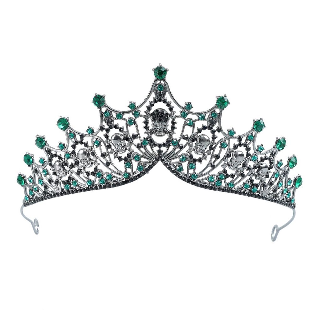 Yheahin Black Crown for Women Gothic Skull Crystal Tiaras Rhinestone Queen Crown Headpiece for Halloween Cosplay Costume Party Accessories Photo Props (Green)
