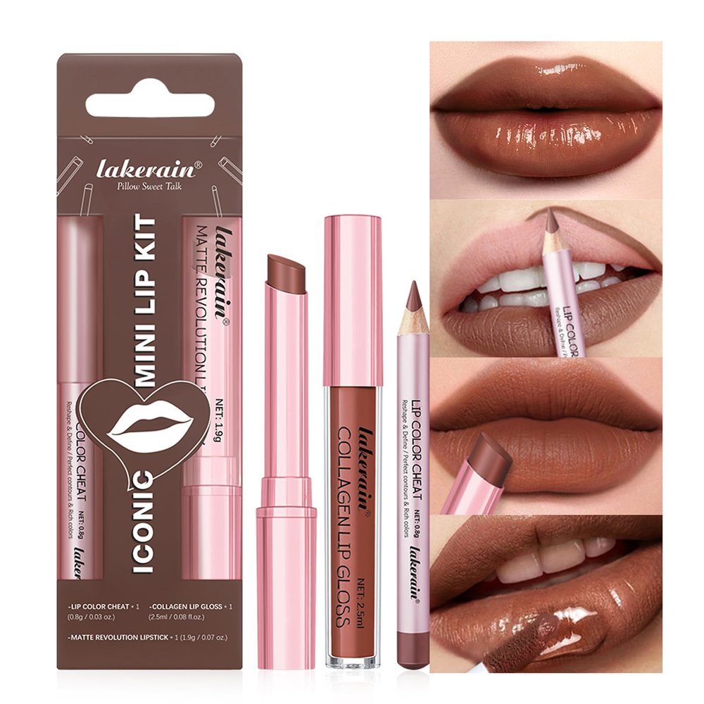 BestLand 3PCS Lip Liner and Lipstick Combo Set - Matte Lip Liner Pencil, Velvet Matte Lipstick & Hydrating Collagen Lip Gloss - Long-Lasting, Smudge-Proof, Nude Brown Lip Makeup Kit (#4 Nude Brown)