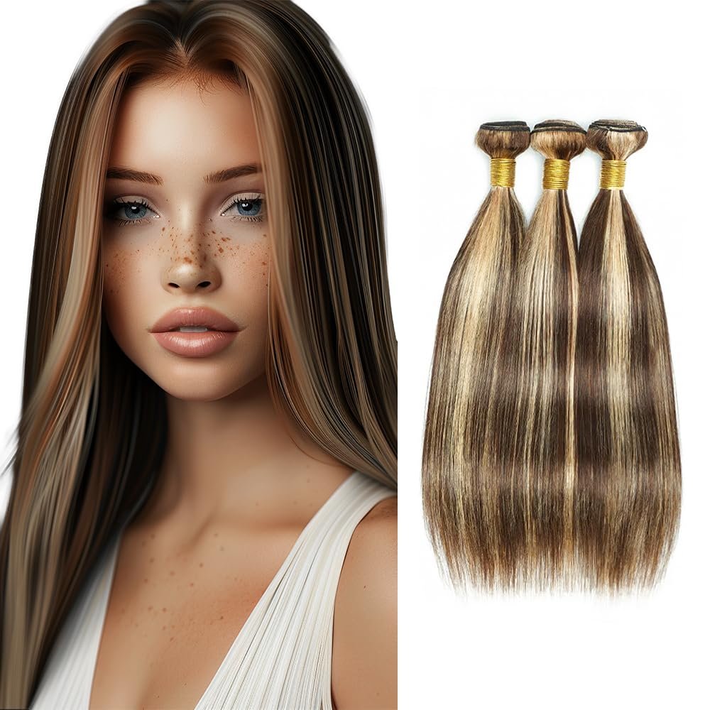 Biliisyff P4/613 Ombre Brown Straight Human Hair Bundles Honey Blonde Human Hair Bundles 8a Grade Double Weft Brazilian Virgin Hair Silky Soft Weave Extensions for Black Women 16 18 20 Inch