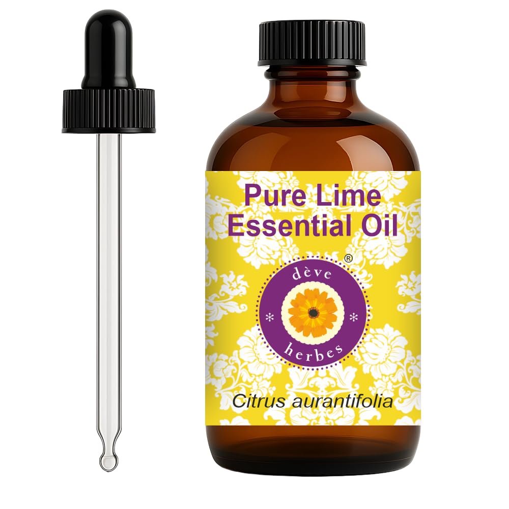 dve herbes Lime Essential Oil (Citrus aurantifolia) with Glass Dropper | Pure | Non-Sticky | Non-Greasy | Lightweight | Men & Women | All Skin Types | Steam Distilled 120ml (4 oz)