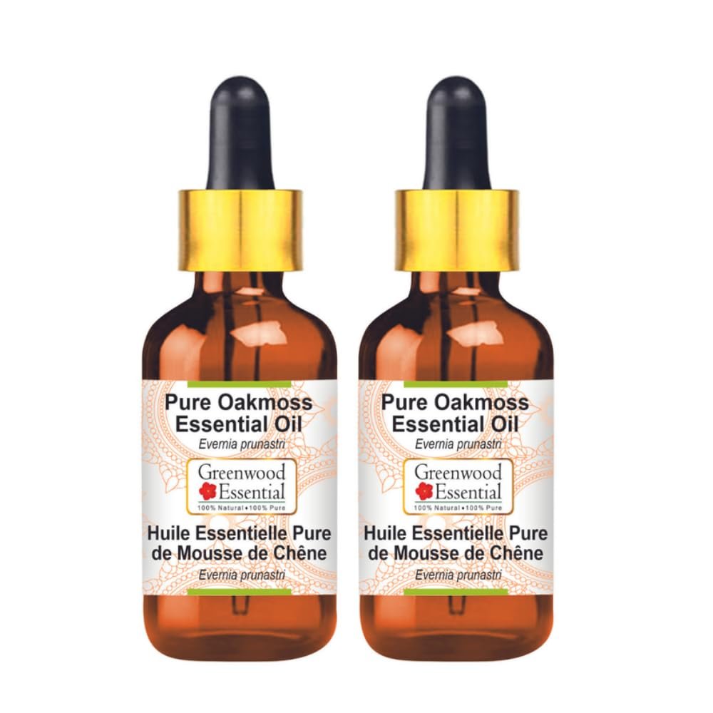 Greenwood Essential Pure Oakmoss Essential Oil (Evernia prunastri) with Two Glass Droppers Steam Distilled (Pack of Two) 10ml X 2 (0.66 oz)