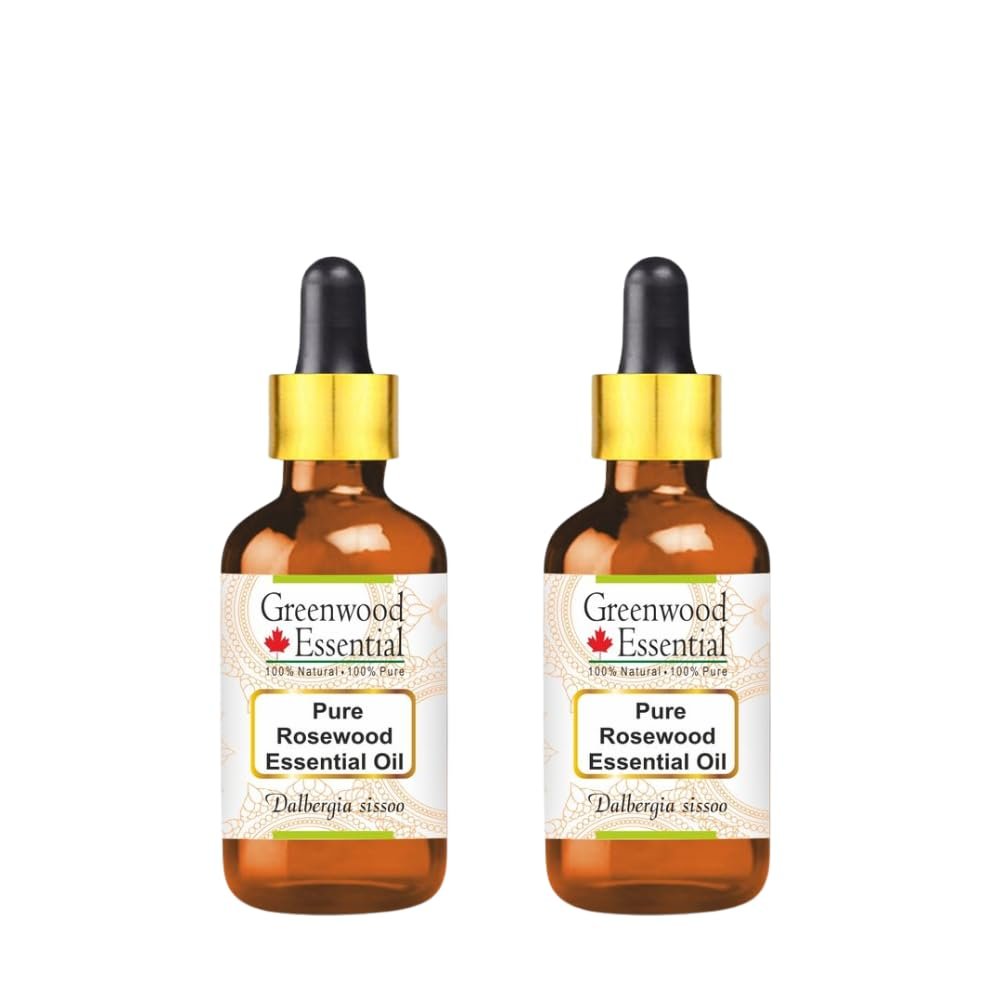 Greenwood Essential Pure Rosewood Essential Oil (Dalbergia Sissoo) with Two Glass Droppers Steam Distilled (Pack of Two) 30ml X 2 (2 oz)