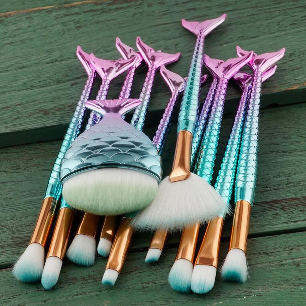 11PCS Mermaid Makeup Brushes Set for Girls & Women Foundation, Eyeshadow, Eyeliner, Blush & Concealer Brushes Cute Gifts for Teens, Stocking Stuffers, Easter Basket Stuffers Mermaid Tail Handle Design