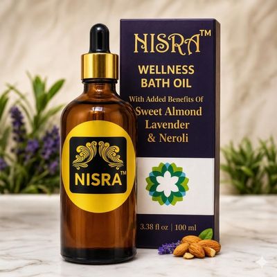 NISRA Ayurvedic Premium Bath Oil with Organic Sweet Almond & Neroli Relaxing Aromatherapy Body Oil for Stress Relief & Wellness Vegan, Mineral Oil-Free Calming Soak for Dry Skin 3.38 fl oz