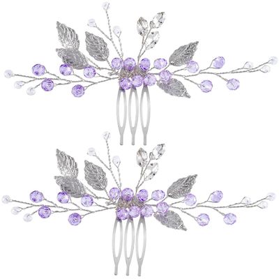 2Pcs Leaf Hair Combs Purple Crystal Rhinestone Hair Comb Clips Bride Wedding Headpieces Side Combs for Women and Girls