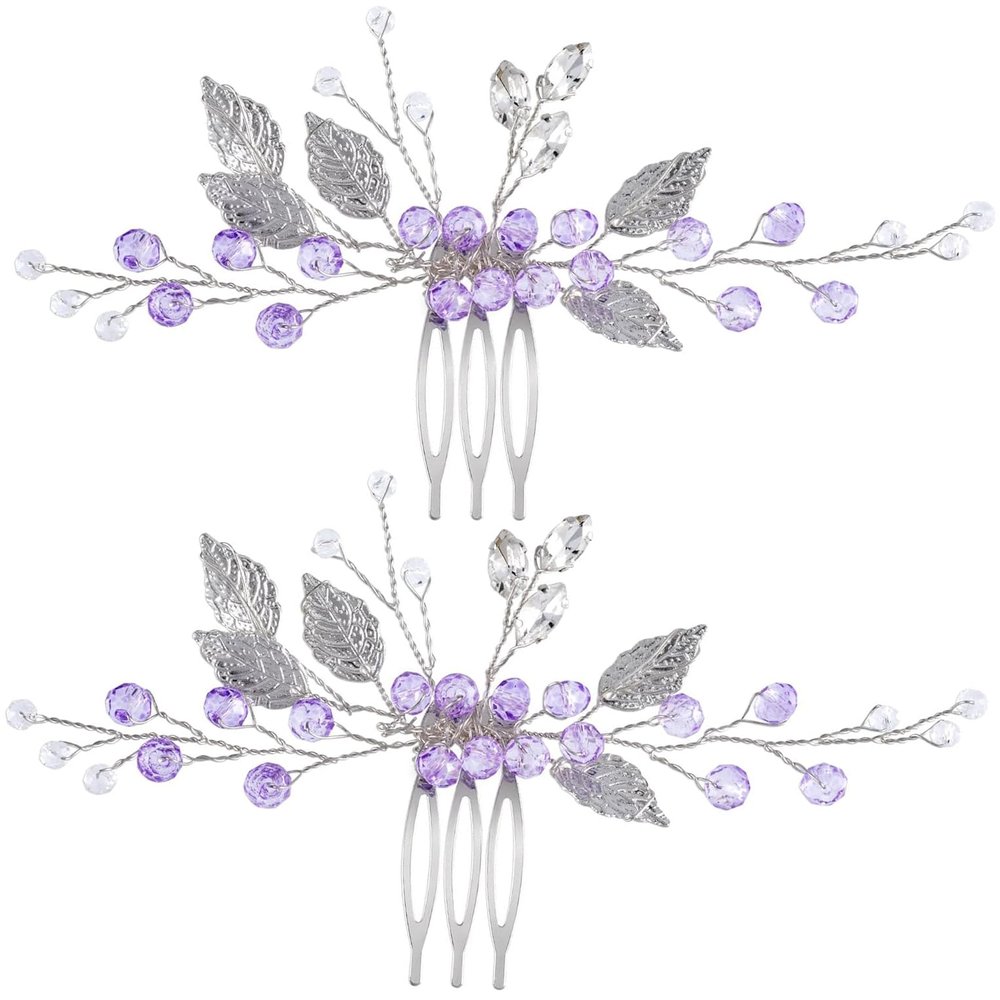 2Pcs Leaf Hair Combs Purple Crystal Rhinestone Hair Comb Clips Bride Wedding Headpieces Side Combs for Women and Girls