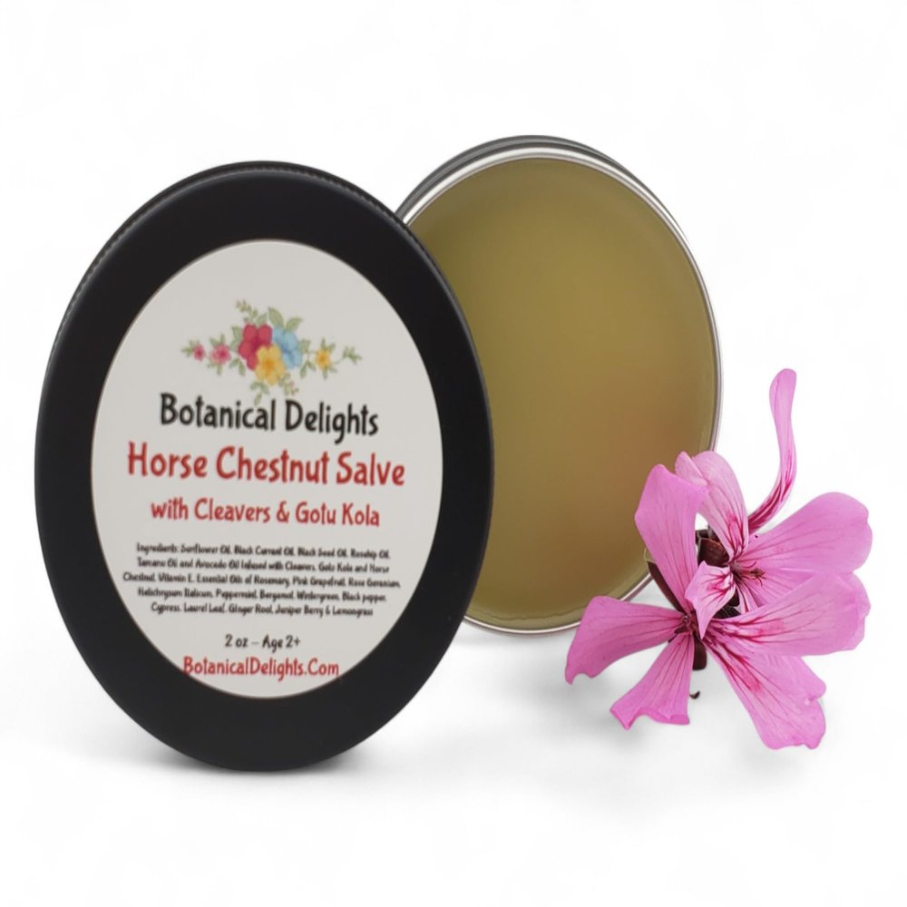 Horse Chestnut, Cleavers & Gotu Kola Salve with Skin Loving Herbs and Essential Oils - Increased lymphatic flow, excellent for varicose veins and spider veins