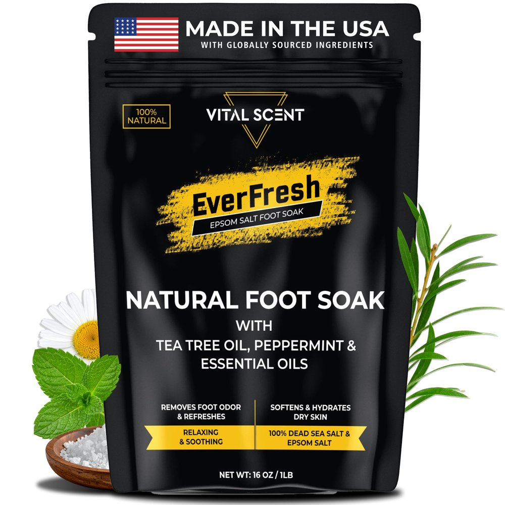 Heavy Duty Tea Tree Oil Foot Soak - Epsom Salt for Soaking for Odor & Footbath to Soften Calluses - Athletes Foot - Nail Discoloration - Relaxing Pedicure Soak - Dry Skin & Rough Heels - 16oz