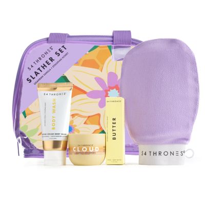 54 Thrones 4-Piece Bodycare Set, Clear Makeup Bag, Tsa Approved Toiletry Bag, Butter Cream Body Wash, Barrier Repair Cloud Cream, African Beauty Butter & Kessa Exfoliating Mitt