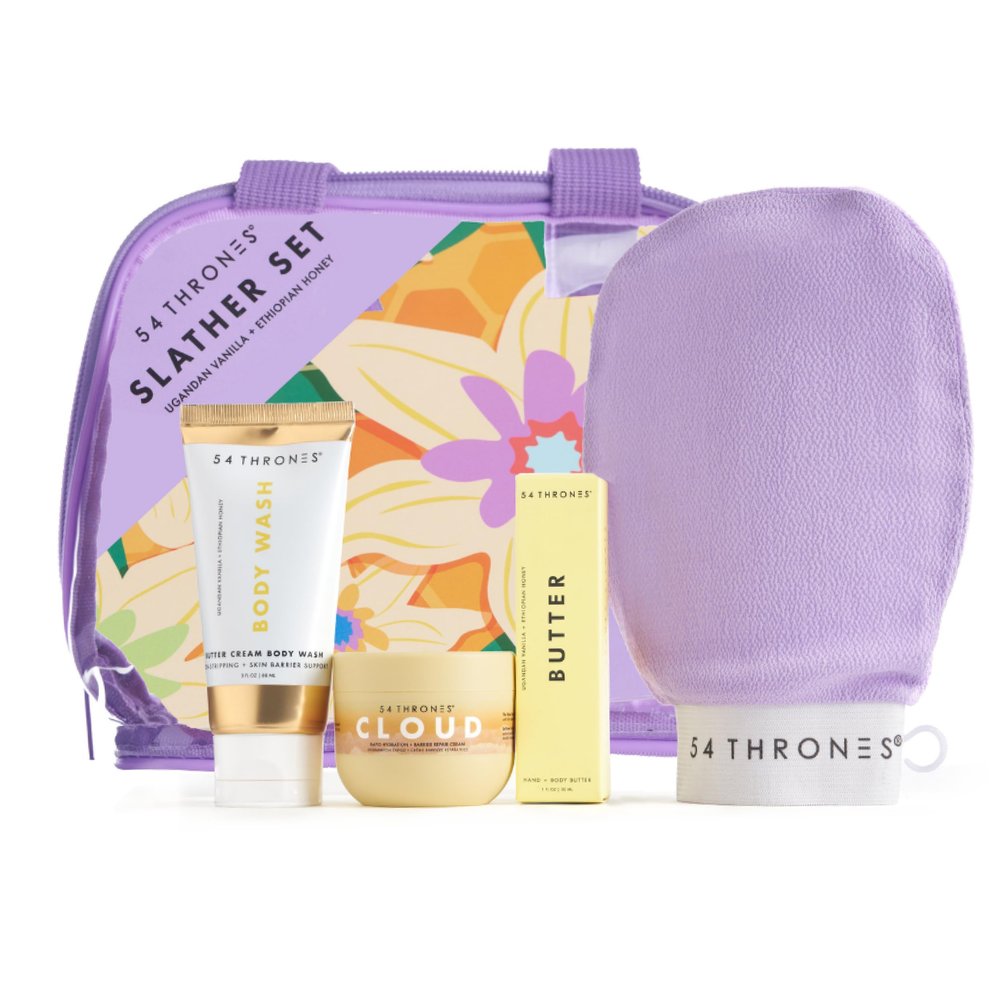 54 Thrones 4-Piece Bodycare Set, Clear Makeup Bag, Tsa Approved Toiletry Bag, Butter Cream Body Wash, Barrier Repair Cloud Cream, African Beauty Butter & Kessa Exfoliating Mitt
