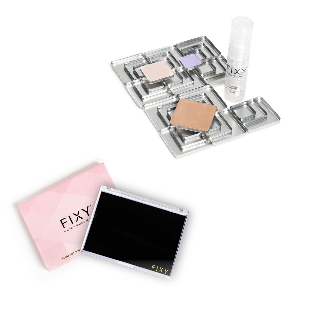 FIXY Ultimate Makeup Refill Kit: Includes 30 Square Empty Magnetic Pans & a Powder Binder Spray & SM Magnetic Makeup Organizer with Clear Top