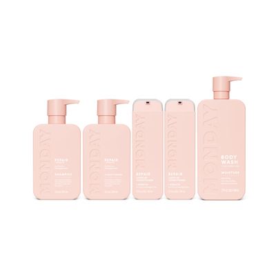 Bundle of MONDAY HAIRCARE Repair Shampoo and Conditioner Set 12oz + MONDAY HAIRCARE Moisture Body Wash 27oz + Monday Repair Leave-in Conditioner 5 Oz Dual Pack