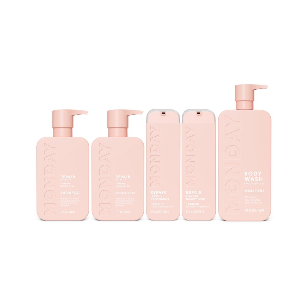 Bundle of MONDAY HAIRCARE Repair Shampoo and Conditioner Set 12oz + MONDAY HAIRCARE Moisture Body Wash 27oz + Monday Repair Leave-in Conditioner 5 Oz Dual Pack