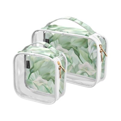 2 Pack Clear Decorative Toiletry Bag for Women TSA Approved Calla Lily Flower Pastel Colors Mint Green Transparent Makeup Brush Bag Airport Airline Compliant Bolsa de maquillaje