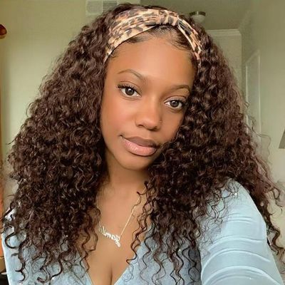 SENSAIRUITE Chocolate Brown Headband Wig Human Hair 14 Inch Deep Wave Curly None Lace Front Wigs for Black Women 180% Density Wear and Go Glueless Wig