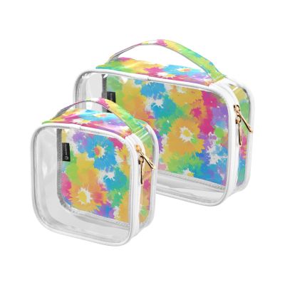 2 Pack Clear Decorative Makeup and Toiletry TSA Approved Colorful Tie Die Flowers Transparent Travel Makeup Bags Mens Shaving kit para maquillaje