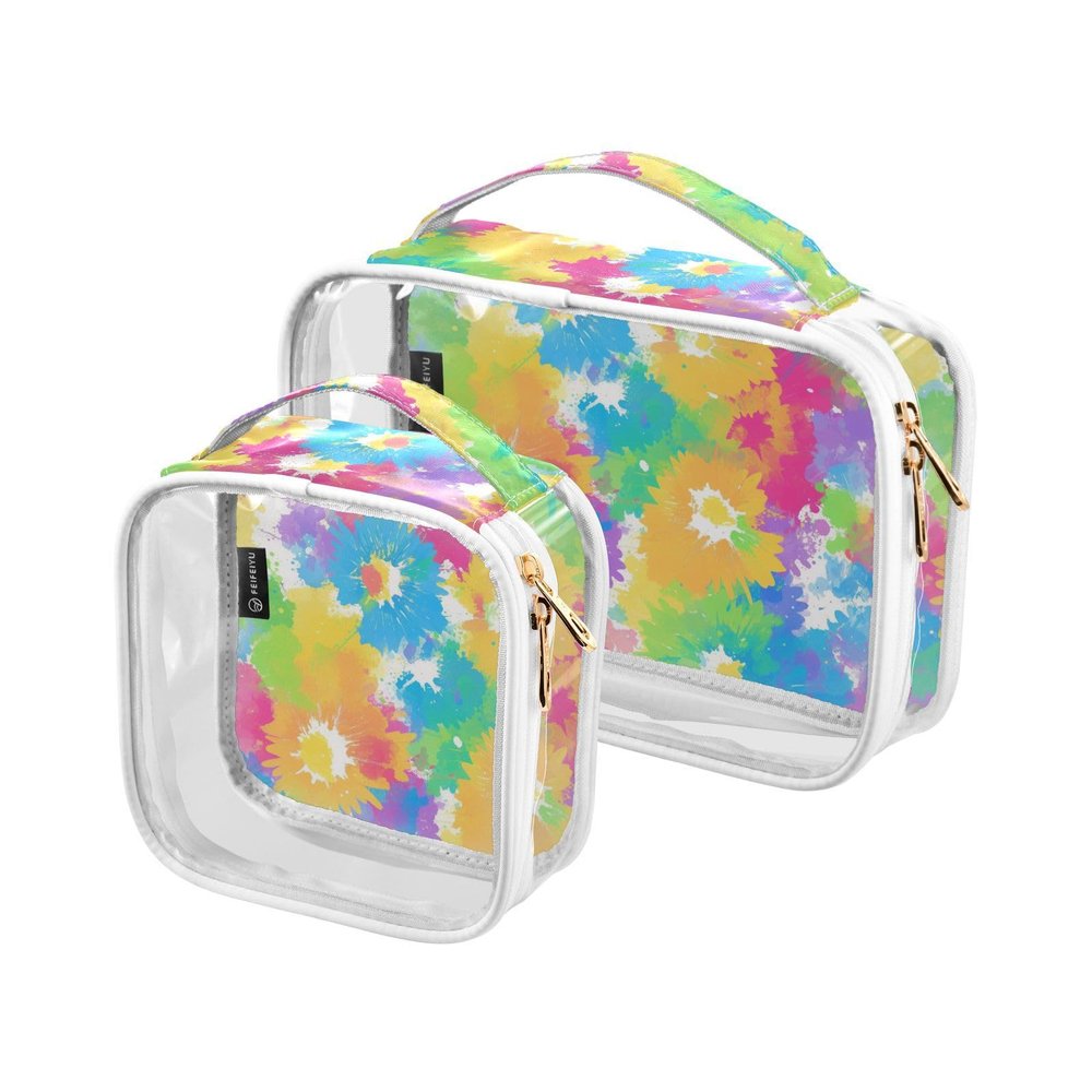 2 Pack Clear Decorative Makeup and Toiletry TSA Approved Colorful Tie Die Flowers Transparent Travel Makeup Bags Mens Shaving kit para maquillaje