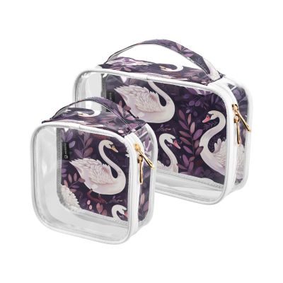 2 Pack Clear Decorative Toiletry Bag Travel TSA Approved Vintage White Swans Leaves Dark Purple Portable Makeup Brush Bag Travel Essential maquillaje