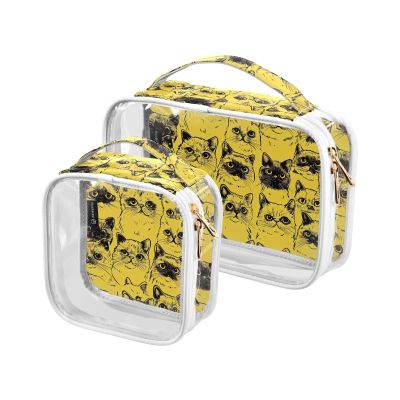 2 Pack Clear Decorative Hanging Travel Toiletry TSA Approved Cartoon Exotic Shorthaircats Yellow Reusable Travel Cosmetic Bags for Women Mens Shaving kit de maquillaje para