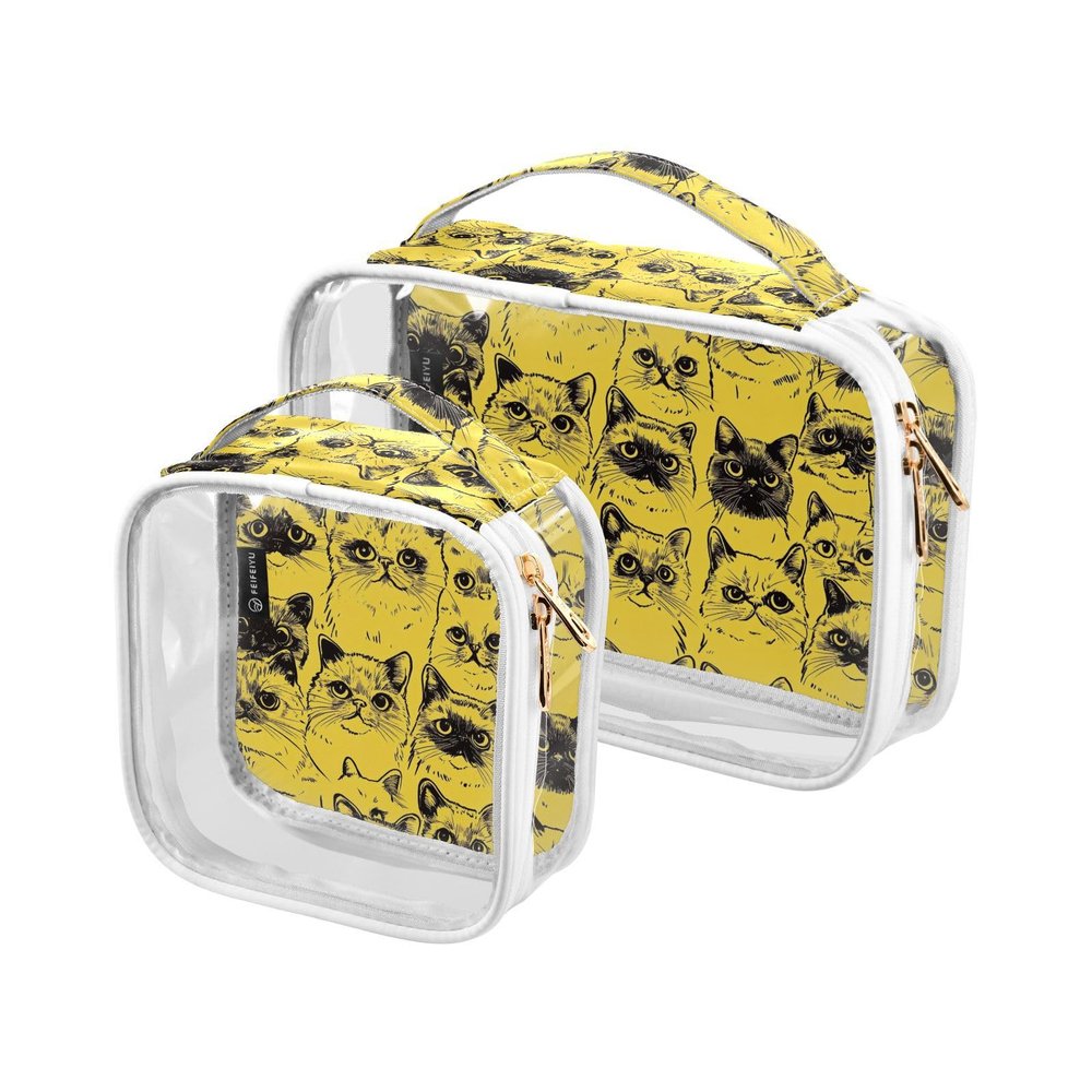 2 Pack Clear Decorative Hanging Travel Toiletry TSA Approved Cartoon Exotic Shorthaircats Yellow Reusable Travel Cosmetic Bags for Women Mens Shaving kit de maquillaje para