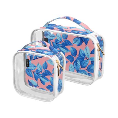 2 Pack Clear Decorative Clear Toiletry Bag TSA Approved Blue Leaves Pink Background Transparent Makeup Brush Bag Mens Shaving kit Bolsa de almacenamiento