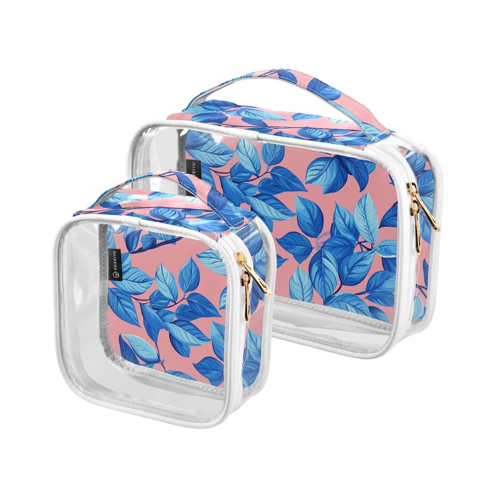 2 Pack Clear Decorative Clear Toiletry Bag TSA Approved Blue Leaves Pink Background Transparent Makeup Brush Bag Mens Shaving kit Bolsa de almacenamiento