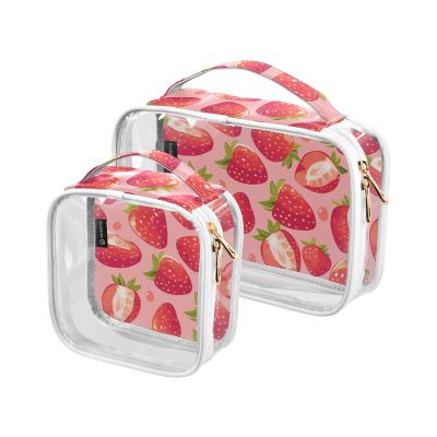 2 Pack Clear Decorative Toiletry Bag for Women TSA Approved Peach Red Strawberries Waterproof Makeup Brush Bag Shaving Essentials de maquillaje