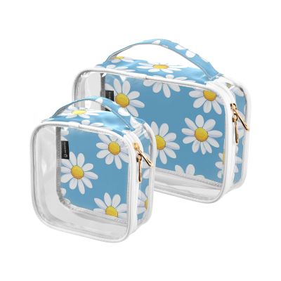 2 Pack Clear Decorative Men Toiletry Bag TSA Approved Blue and White Daisies Multifunctional Large Cosmetic Bag Mens Shaving kit de maquillaje