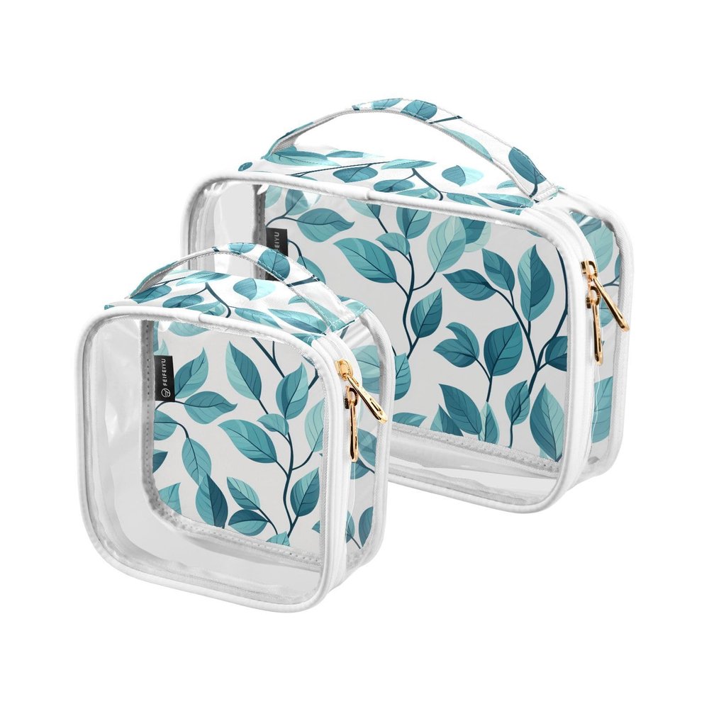 2 Pack Clear Decorative Travel Bag Toiletry TSA Approved Leaves Pattern Turquoise Mint Green Multifunctional Cosmetic Bags for Women for Purse Airport Airline Compliant Bolsa de maquillaje