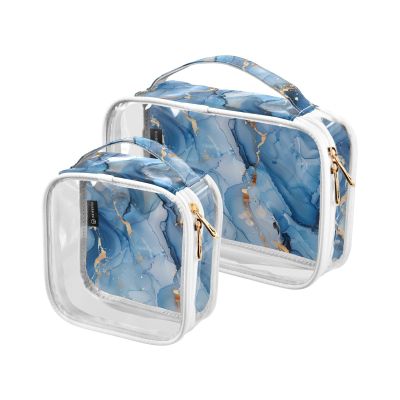 2 Pack Clear Decorative Toiletry Bag Men TSA Approved Watercolor Blue White Marble Portable Makeup Brush Bag Shaving Essentials Bolsa de maquillaje