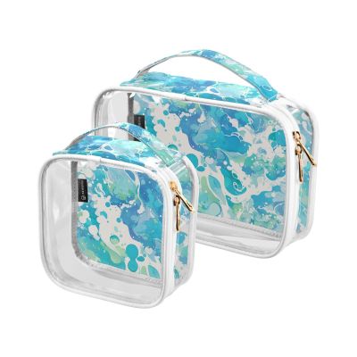 2 Pack Clear Decorative Mens Toiletry Bags TSA Approved Watercolor Abstract Blue Liquid Reusable Makeup Brush Bag Mens Shaving kit Bolsa de almacenamiento