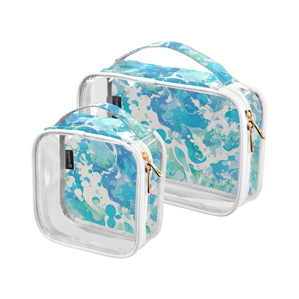 2 Pack Clear Decorative Mens Toiletry Bags TSA Approved Watercolor Abstract Blue Liquid Reusable Makeup Brush Bag Mens Shaving kit Bolsa de almacenamiento