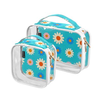 2 Pack Clear Decorative Hanging Toiletry Travel TSA Approved Lovely Daisy Floral Peach White Blue Multifunctional Makeup Organizer Bag Mens Shaving kit para maquillaje