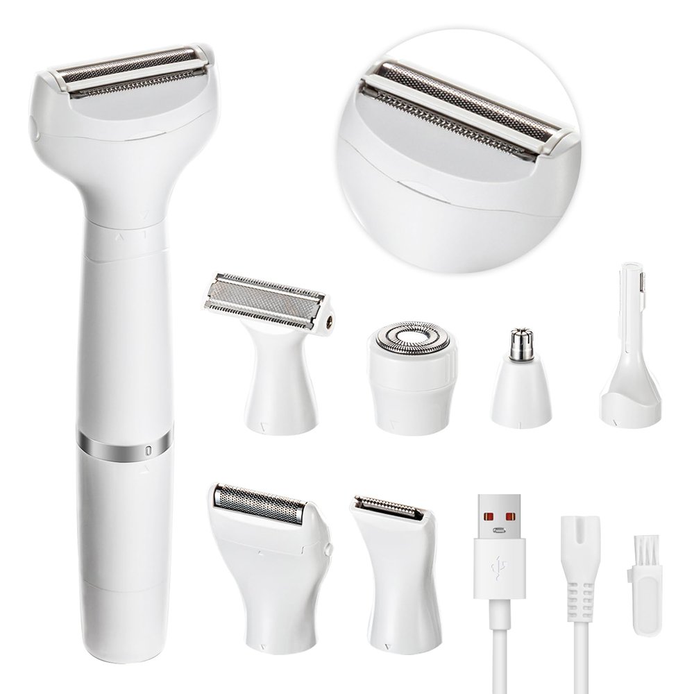 7-in-1 Electric Razor for Women - Painless Facial Hair Removal & Bikini Trimmer, Nose Eyebrow Pubic Hair Shaver with Replaceable Razors, Waterproof Women's Grooming Kit & Electric Shaver