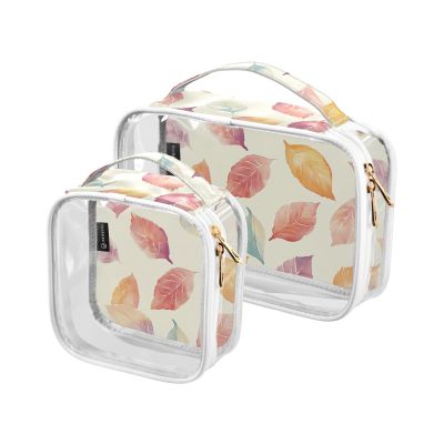 2 Pack Clear Decorative Toiletry Bags for Traveling Women TSA Approved Watercolor Art Leaves Light Red Transparent Makeup Brush Bag Shaving Essentials Bolsa de maquillaje