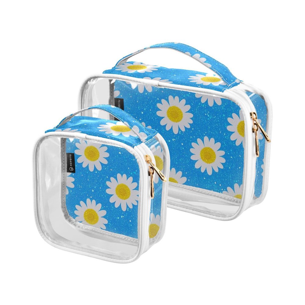 2 Pack Clear Decorative Toiletry Bags for Traveling Women TSA Approved Fake Glitter Cartoon Daisy Flower Blue Water-Resistant Travel Makeup Bag Mens Shaving kit para maquillaje
